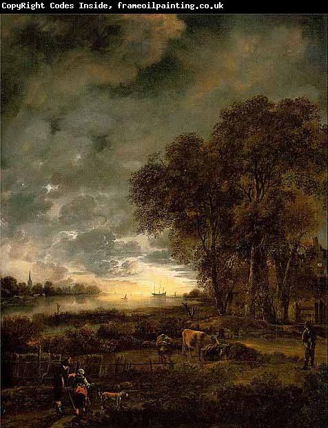 Aert van der Neer A Landscape with a River at Evening